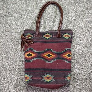 Vintage Aztec Woven Tote Bag Leather Handle